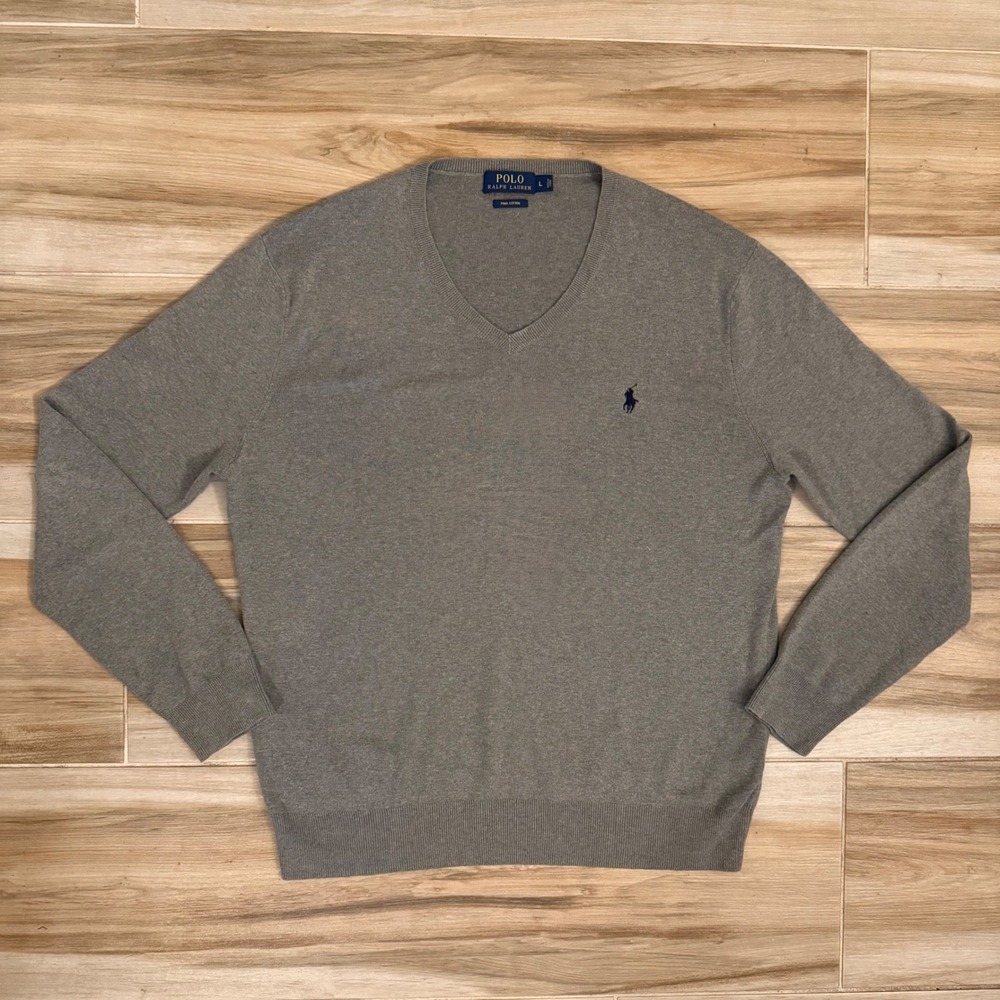 Polo Ralph Lauren Mens Gray Pima Cotton V-Neck Sweater Size L RN 41381